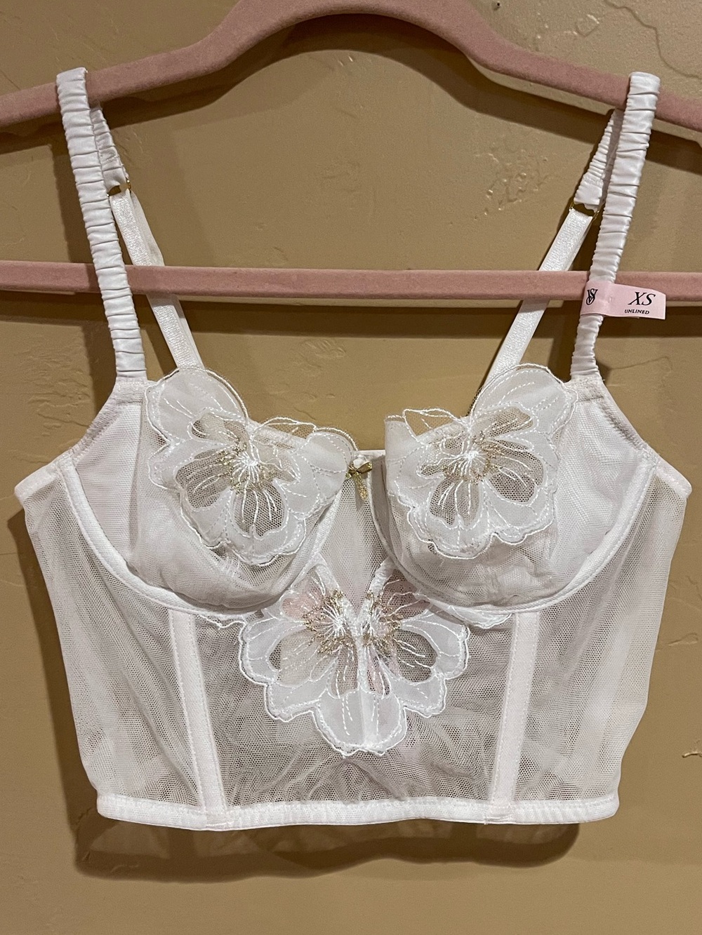 Victoria's Secret White Floral Appliqué Longline Bralette with Sheer Mesh